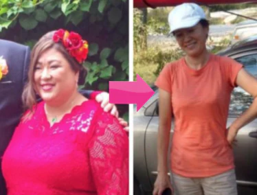 Before and after transformation of a person wearing a bright pink outfit with floral headpiece.