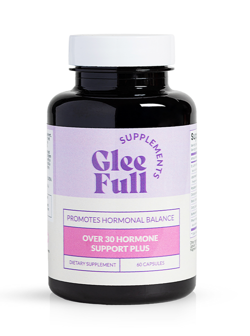 Bottle of Over 30 Hormone Support Plus supplement on a white background