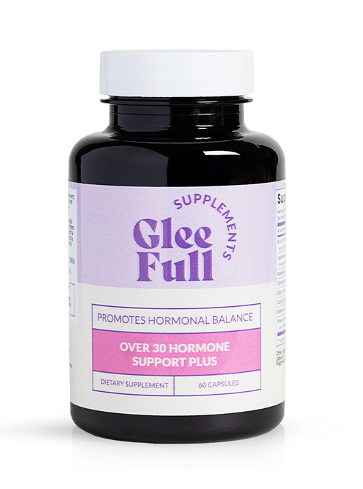 Bottle of Over 30 Hormone Support Plus supplement on a white background