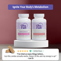 GleeFull Meno Weight Loss System. One bottle each of GleeFull Over 30 Hormone Support and Meno-Shred Fat Burner (both white) on white podiums against a burgundy background. Purple banner reads: 'Ignite Your Body's Metabolism'. Two tan capsules and a verified buyer quote from Lori D.: "I've tried so many things before… but this combo actually works. Down 10 lbs and my energy is up!"