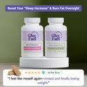 One bottle each of GleeFull Over 30 Hormone Support and Menobelly Night Burn (both white) on a white podium against a dark green background. Purple banner reads: 'Boost Your "Sleep Hormone" & Burn Fat Overnight'. Two tan capsules and a verified buyer quote shown below: "I feel like myself again — rested and finally losing weight."