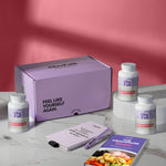 A product bundle display for GleeFull Supplements on a marble surface against a red background. The layout includes a large purple shipping box featuring the slogan 'FEEL LIKE YOURSELF AGAIN.', three white bottles of Meno Shred Fat Burner, a purple branded pen, a matching notepad that reads 'REMINDERS WHEN I'M HAVING A MENOPAUSE MOMENT', and a recipe booklet titled 'THE MENOPAUSE Recipes'