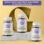 Three clear GleeFull Calm & Balance gummy bottles filled with dark gummies, arranged on marble blocks against a yellow background. Purple banner reads: 'Reduce Cortisol Levels & Block "Stress Weight" On Your Belly, Arms & Face'. Labels read 'Ashwagandha Root Concentrated from 750 mg, Calm & Balance, 60 Gummies'.