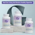 Three white GleeFull Meno Gut Advanced bottles on marble blocks against a light blue-grey background. Purple banner reads: 'Heal Gut Lining And Restore Healthy Digestion'. Labels read 'Supports Beneficial Gut Flora, Meno Gut Advanced, 30 Capsules'.