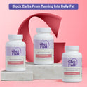 Three white GleeFull Carb Blocker bottles on marble blocks against a pink background. Purple banner reads: 'Block Carbs From Turning Into Belly Fat'. Labels read 'Appetite & Craving Control, Carb Blocker, 30 Capsules'.
