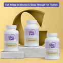 Three white GleeFull Cool REM Sleep bottles on marble blocks against a yellow background. Purple banner reads: 'Fall Asleep In Minutes & Sleep Through Hot Flashes'. Labels read 'Better Sleep & Hot Flash Relief, Cool REM Sleep, 60 Capsules'.