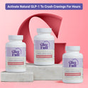 Three white GleeFull GLP-1 Crave Control bottles on marble blocks against a pink background. Purple banner reads: 'Activate Natural GLP-1 To Crush Cravings For Hours'. Labels read 'Hunger & Craving Control, 60 Capsules'.