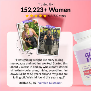 Customer review banner for GleeFull on a pink background. Heading reads: 'Trusted By 152,223+ Women, 4.8/5.0 stars' with five gold stars. Featuring a verified customer quote from Debbie A., age 55: 'I was gaining weight like crazy during menopause and nothing worked. Started this about 2 weeks in and my whole body started shrinking—belly, arms, thighs, everything. I'm down 23 lbs at 55 years old and my jeans are...'. A bottle of GleeFull Meno-Shred Fat Burner is shown on the right.