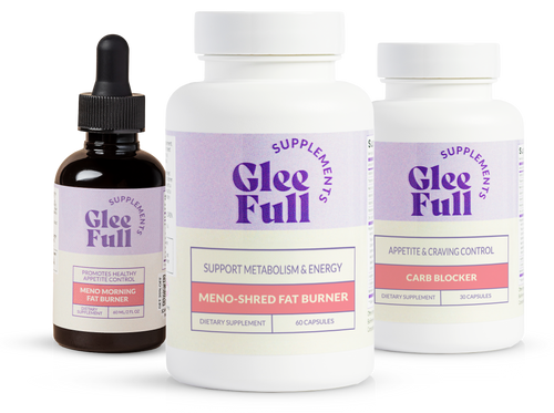 GleeFull Ultra Fat Burner Bundle. One bottle each of GleeFull Meno Morning Fat Burner (amber dropper), Meno-Shred Fat Burner (white), and Carb Blocker (white) on white podiums against a burgundy background. Purple banner reads: 'Maximum-Strength Fat-Burning Stack For Rapid Weight Loss And Metabolism Transformation'.