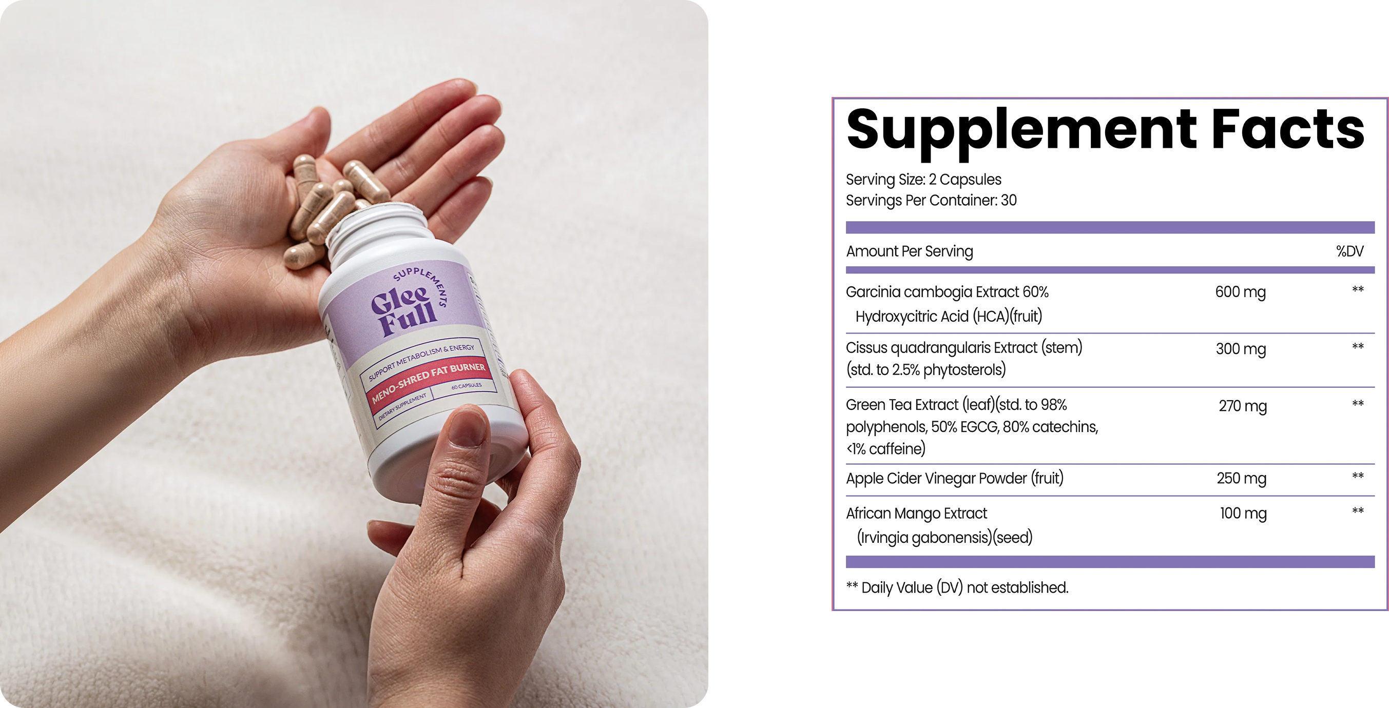 Meno-Shred Fat Burner Supplement Facts panel listing ingredients and dosages