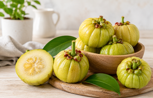 Fresh Garcinia Cambogia (Malabar tamarind) fruits in a wooden bowl with leaves