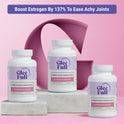 Three white GleeFull PostMeno Boost bottles on marble blocks against a pink background. Purple banner reads: 'Boost Estrogen By 137% To Ease Achy Joints'. Labels read 'Supports Healthy Hormone Levels, PostMeno Boost, 60 Capsules'.