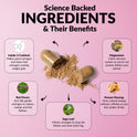 'Science Backed Ingredients & Their Benefits' infographic on pink with an open capsule spilling powder. Five ingredients: Indole-3-Carbinol (clears bad estrogen that causes weight gain), Red Clover (gentle estrogen for cramps and hot flashes), Sage Leaf (mimics estrogen to stop hot flashes and brain fog), Magnesium (calms nervous system before period), and Korean Ginseng (natural energy without caffeine).