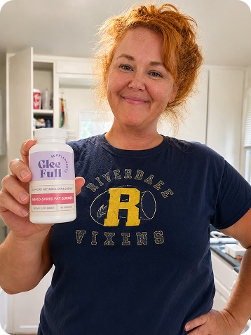 Smiling woman in a navy Riverdale Vixens t-shirt holding a bottle of Gleefull Meno-Shred