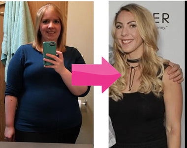 Before and after weight loss transformation of a woman, with a pink arrow pointing from the left to the right side of the image.