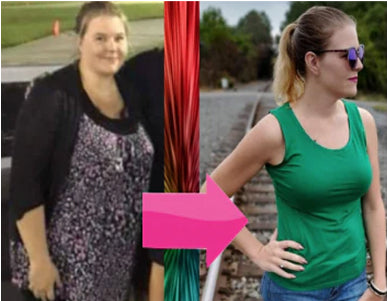 Before and after weight loss transformation with a pink arrow pointing from one photo to another.