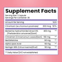 Supplement Facts for Carb Blocker. Serving size 1 capsule, 30 per container. Contains Chromium as chromium picolinate (200 mcg, 517% DV), Berberine Hydrochloride Extract (400 mg), Cinnamon (100 mg), Benfotiamine (80 mg), Alpha Lipoic Acid (50 mg), and Naringin (50 mg).