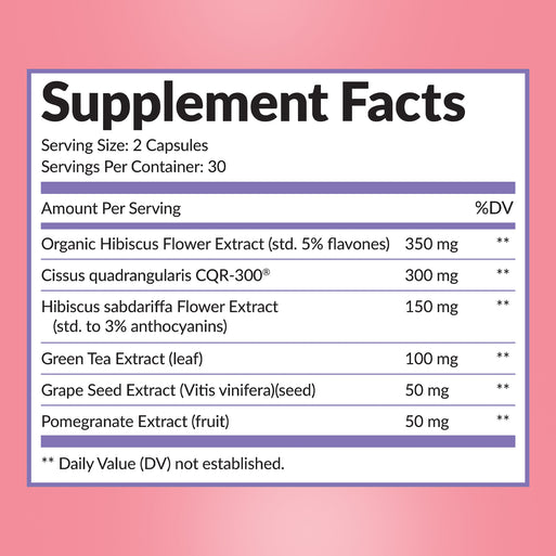 Supplement Facts for GLP-1 Crave Control. Serving size 2 capsules, 30 per container. Contains Organic Hibiscus Flower Extract (350 mg), Cissus quadrangularis CQR-300 (300 mg), Hibiscus sabdariffa Flower Extract (150 mg), Green Tea Extract (100 mg), Grape Seed Extract (50 mg), and Pomegranate Extract (50 mg).
