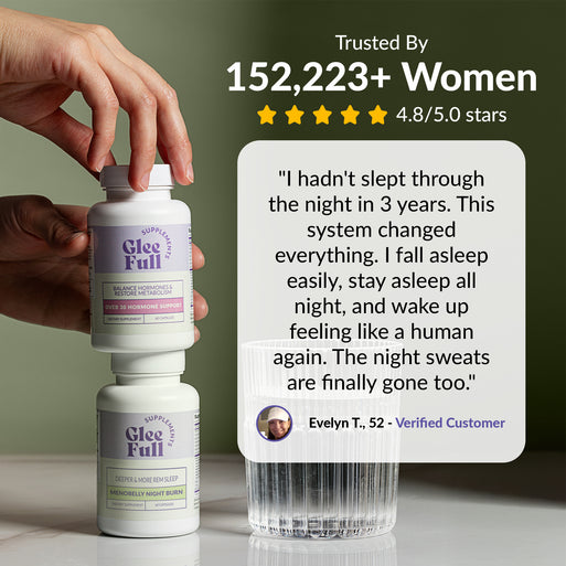 GleeFull review banner on dark green: 'Trusted By 152,223+ Women, 4.8/5.0 stars'. Quote from Evelyn T., 52: hadn't slept through the night in 3 years, this system changed everything, she falls asleep easily, stays asleep all night and wakes up feeling human again with night sweats gone. Over 30 Hormone Support and Menobelly Night Burn bottles shown at left.