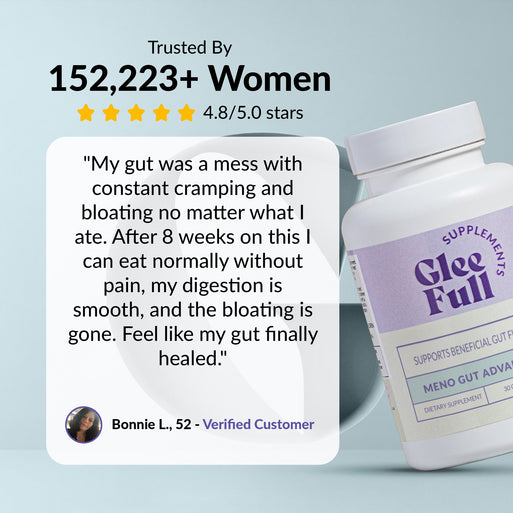 GleeFull review banner on light blue: 'Trusted By 152,223+ Women, 4.8/5.0 stars'. Quote from Bonnie L., 52: gut was a mess with constant cramping and bloating, after eight weeks she can eat normally without pain, digestion is smooth and bloating is gone. White bottle shown at right.
