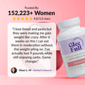 GleeFull review banner: 'Trusted By 152,223+ Women, 4.8/5.0 stars'. Quote from Eileen S., 49: loves bread and pasta but they caused weight gain, now eats them in moderation without piling on weight, down 9 pounds while still enjoying carbs. White bottle shown at right.