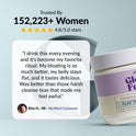 GleeFull review banner on light blue: 'Trusted By 152,223+ Women, 4.8/5.0 stars'. Quote from Rita H., 48: drinks this every evening as her favorite ritual, bloating is much better, belly stays flat and it tastes delicious, way better than harsh cleanse teas. White jar shown at right.