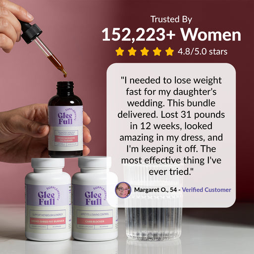 GleeFull review banner on burgundy: 'Trusted By 152,223+ Women, 4.8/5.0 stars'. Quote from Margaret O., 54: needed to lose weight fast for her daughter's wedding, this bundle delivered, lost 31 pounds in 12 weeks, looked amazing in her dress and keeping it off, most effective thing she's ever tried. Meno Morning Fat Burner, Meno-Shred Fat Burner, and Carb Blocker bottles shown.