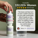 GleeFull review banner on dark olive green: 'Trusted By 152,223+ Women, 4.8/5.0 stars'. Quote from Norma J., 57: knees and hips hurt so bad she couldn't exercise or walk comfortably, after 8 weeks pain is 90% gone, walking 3 miles a day and got her mobility back. Over 30 Hormone Support and Meno Joint Relief bottles shown.