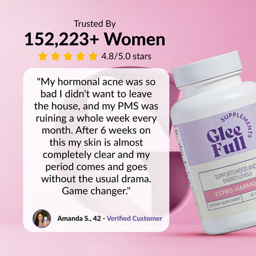 GleeFull review banner on pink: 'Trusted By 152,223+ Women, 4.8/5.0 stars'. Quote from Amanda S., 42: hormonal acne was so bad she didn't want to leave the house and PMS was ruining a week every month, after six weeks her skin is almost completely clear and her period comes and goes without the usual drama. White bottle shown at right.