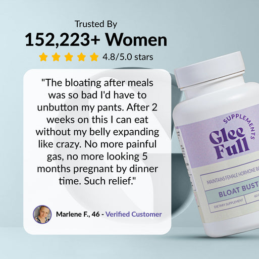 GleeFull review banner on light blue: 'Trusted By 152,223+ Women, 4.8/5.0 stars'. Quote from Marlene F., 46: bloating after meals was so bad she had to unbutton her pants, after two weeks she can eat without her belly expanding, no more painful gas or looking pregnant by dinner. White bottle shown at right.