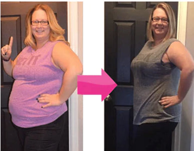 Before and after weight loss transformation of a woman wearing a pink shirt and black pants.