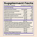 A Supplement Facts label showing a serving size of 2 capsules and 30 servings per container. It lists daily values for Vitamin A, Thiamine, Niacin, Vitamin B6, Vitamin B12, Pantothenic Acid, and Zinc. It also features an 802 mg Proprietary Blend containing herbal ingredients like Horny Goat Weed, Tribulus terrestris, and Ashwagandha, alongside 100 mg of L-Arginine, 100 mg of L-Tyrosine, and 0.5 mg of BioPerine Black Pepper Extract.