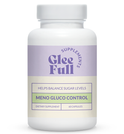 A white supplement bottle with the Gleefull Supplements logo in purple and green. The label reads 'Helps Balance Sugar Levels — Meno Gluco Control, Dietary Supplement, 60 Capsules.'