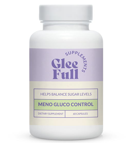 A white supplement bottle with the Gleefull Supplements logo in purple and green. The label reads 'Helps Balance Sugar Levels — Meno Gluco Control, Dietary Supplement, 60 Capsules.'