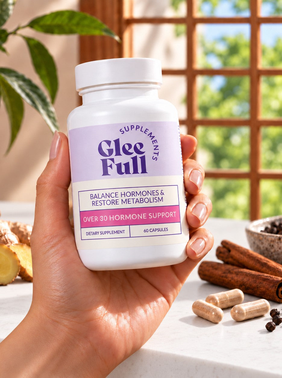 Hand holding a bottle of Over 30 Hormone Support beside ginger, cinnamon and capsules