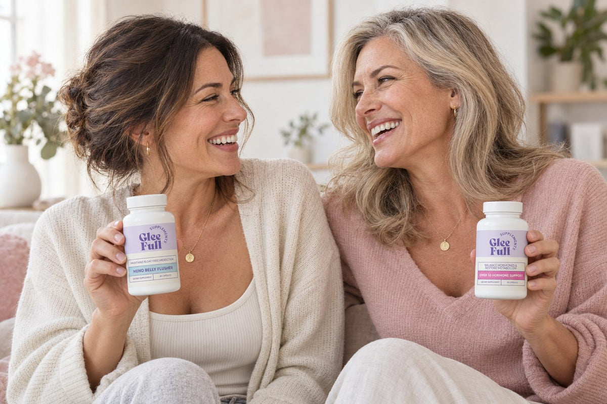 Two women smiling, holding GleeFull supplement bottles